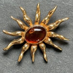 LOUIS STERN Signed LS Brooch Amber Cabochon Gold Sun Image Vintage
